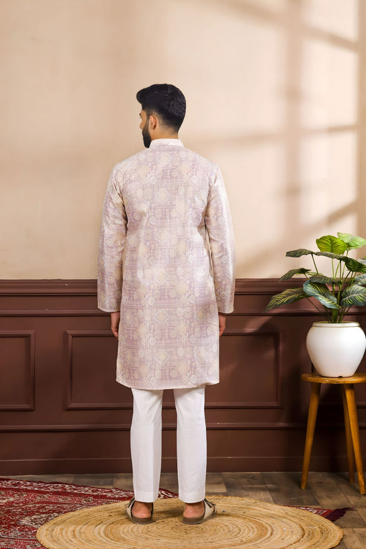 Wonderful Lavender Digital Printed Art Silk Kurta Pyjama Set for Men