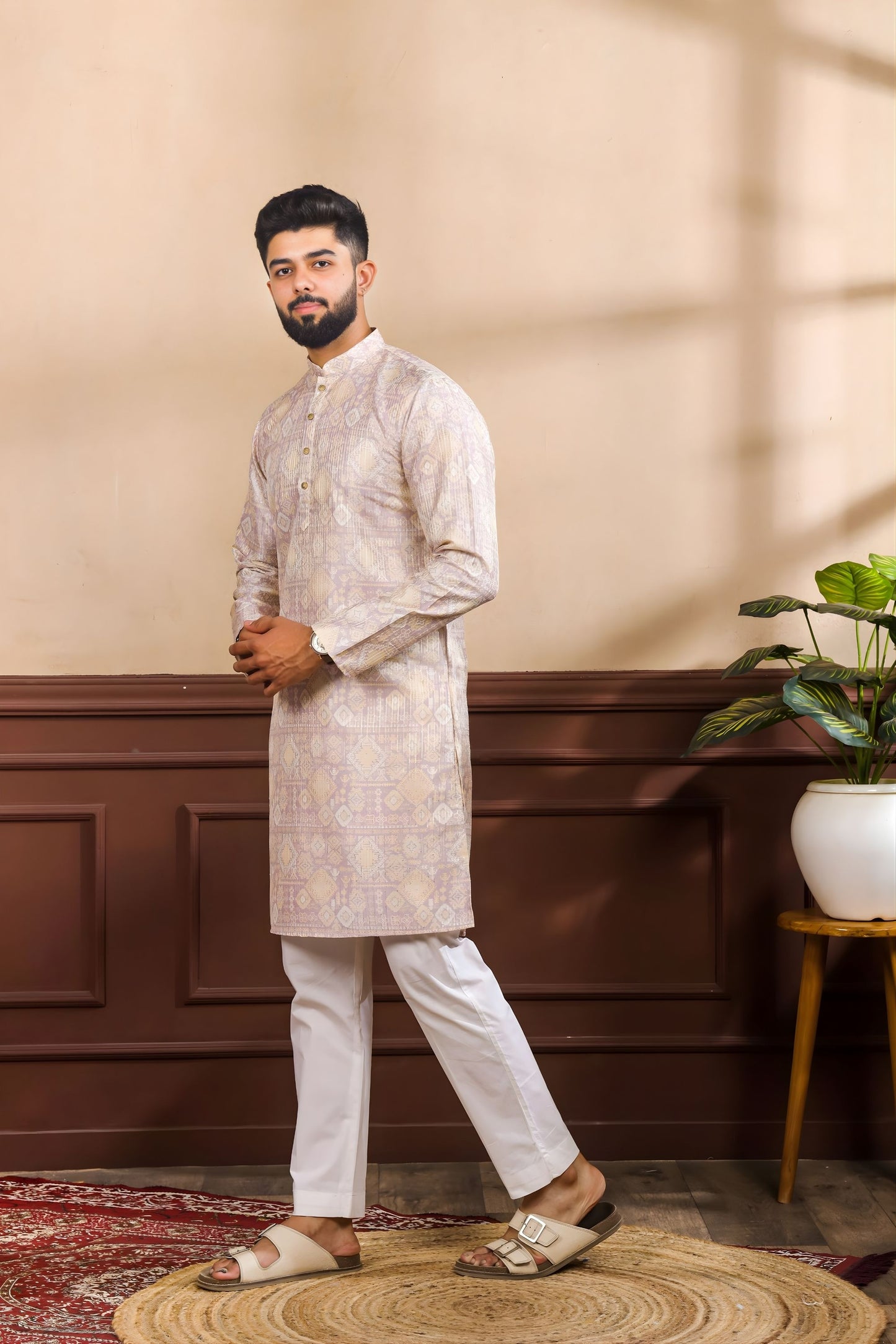 Wonderful Lavender Digital Printed Art Silk Kurta Pyjama Set for Men