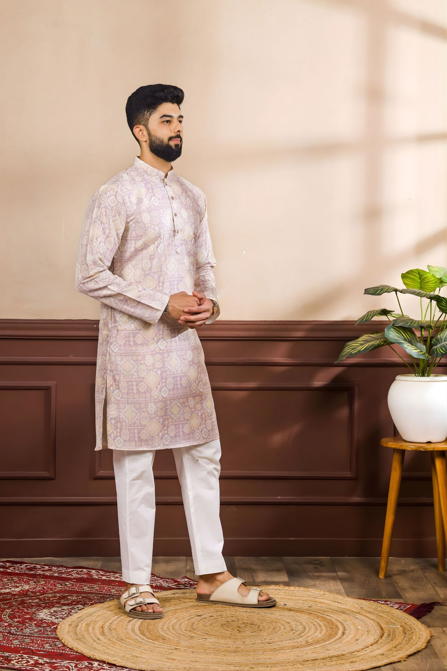 Wonderful Lavender Digital Printed Art Silk Kurta Pyjama Set for Men