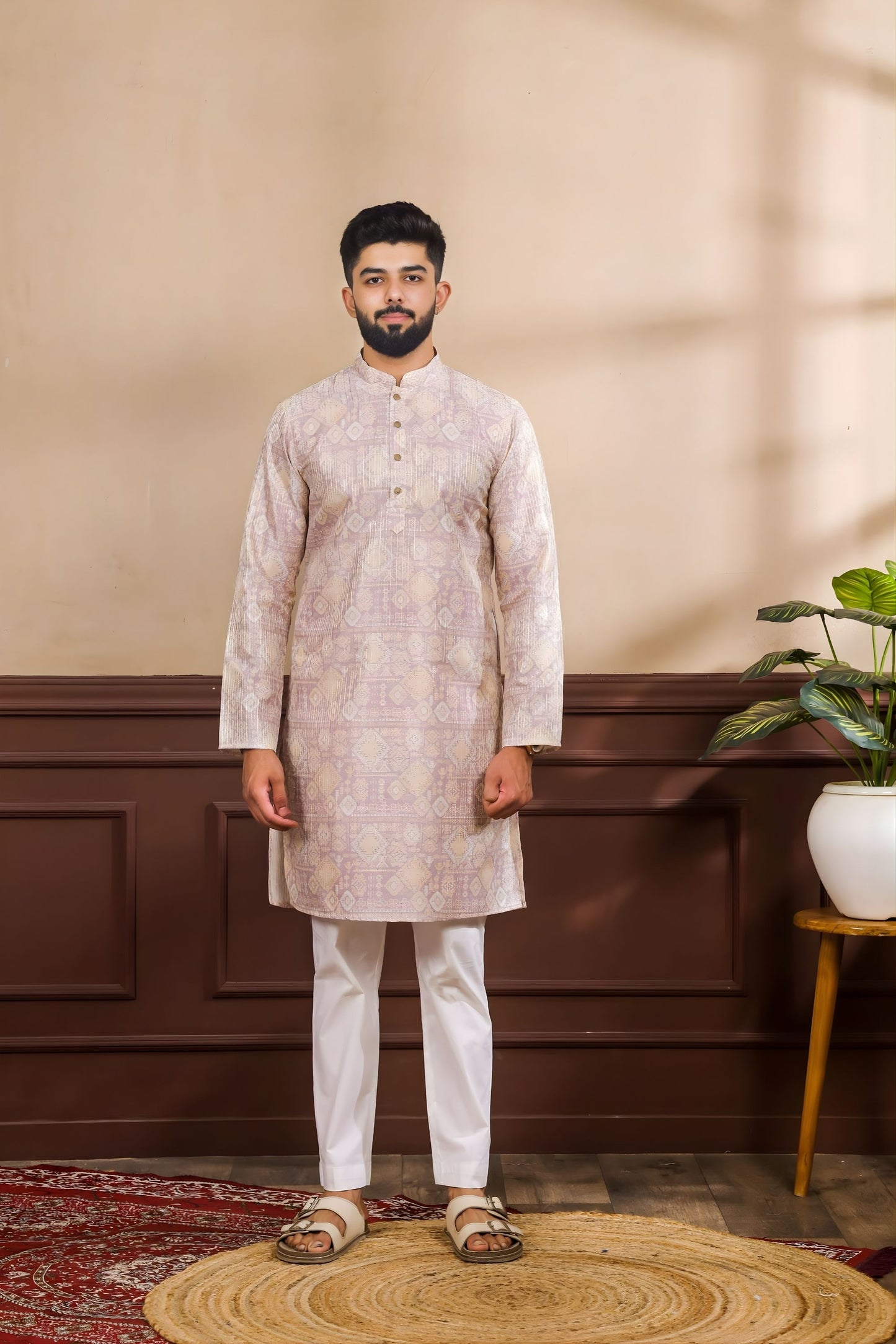 Wonderful Lavender Digital Printed Art Silk Kurta Pyjama Set for Men