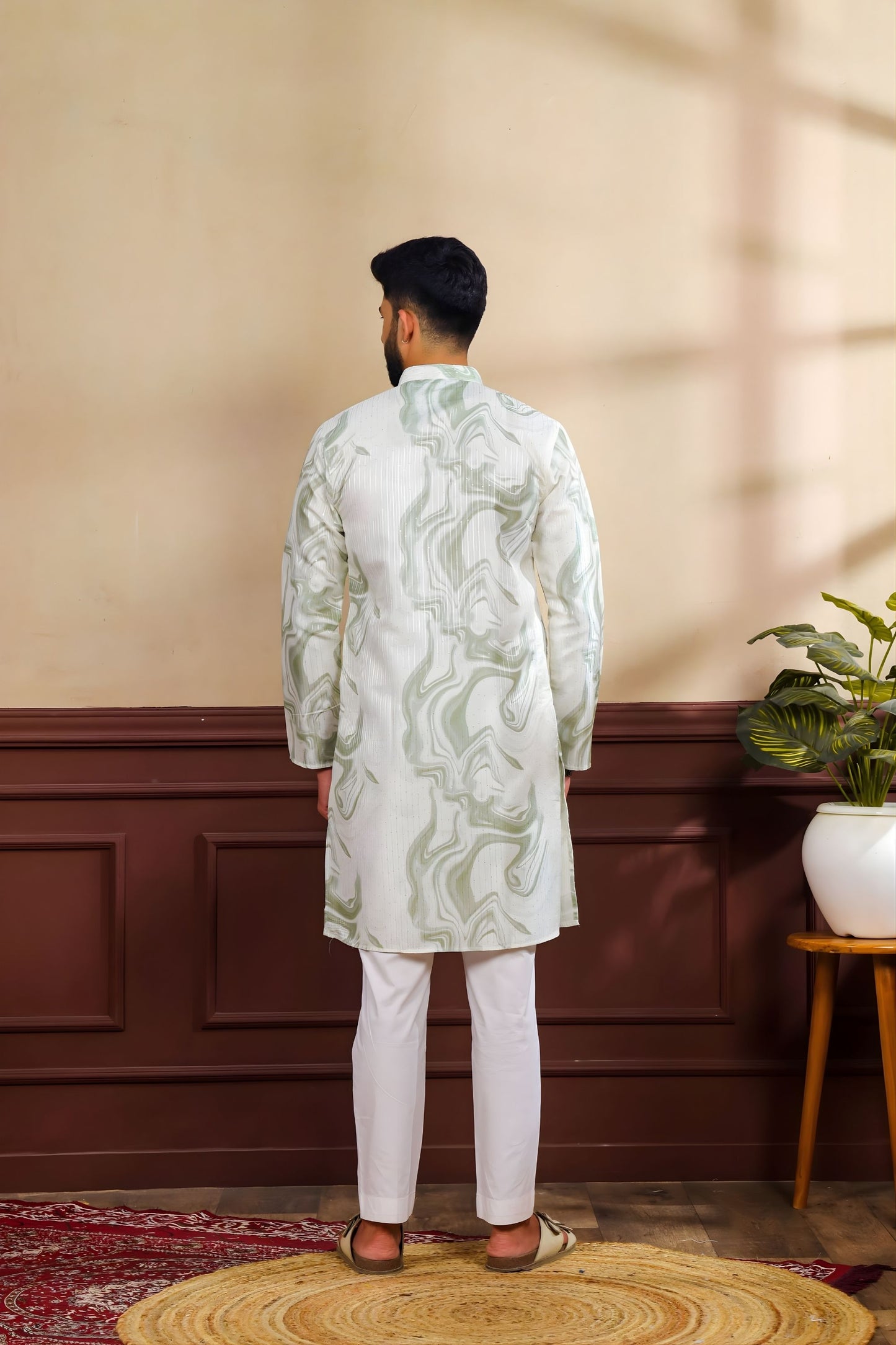 Stylish Mint Green Digital Printed Art Silk Kurta Pyjama Set for Men