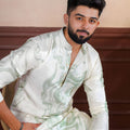 Stylish Mint Green Digital Printed Art Silk Kurta Pyjama Set for Men