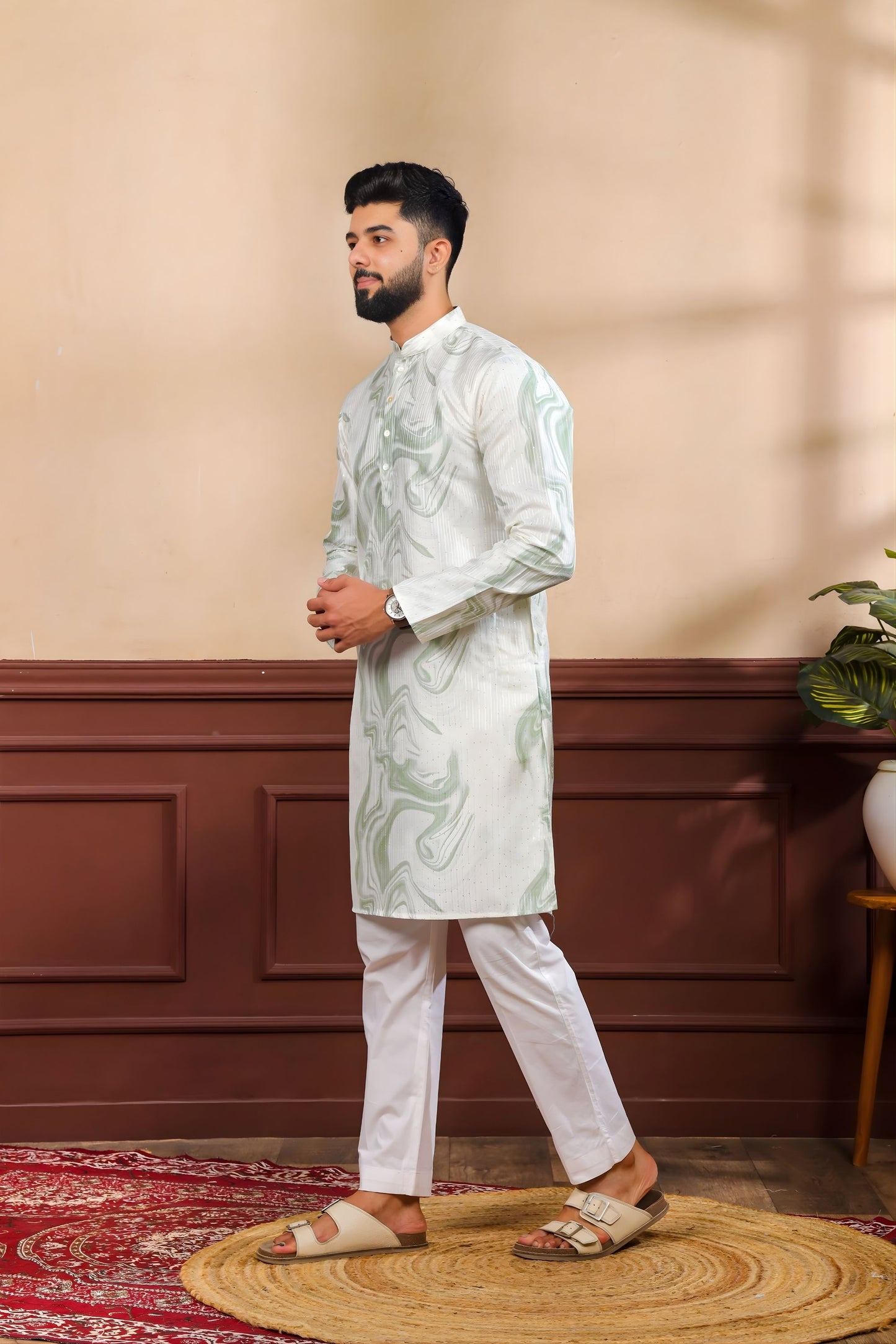Stylish Mint Green Digital Printed Art Silk Kurta Pyjama Set for Men