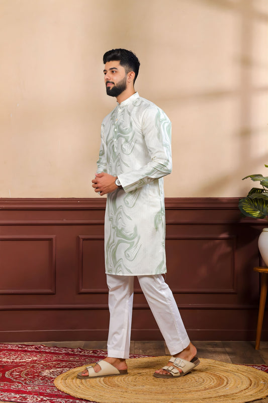 Stylish Mint Green Digital Printed Art Silk Kurta Pyjama Set for Men