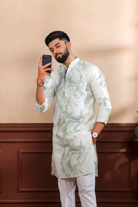 Stylish Mint Green Digital Printed Art Silk Kurta Pyjama Set for Men