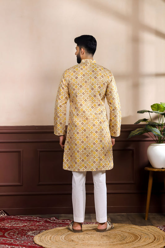 Elegant Mustard Yellow Digital Printed Art Silk Kurta Pyjama Set for Men