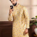 Elegant Mustard Yellow Digital Printed Art Silk Kurta Pyjama Set for Men