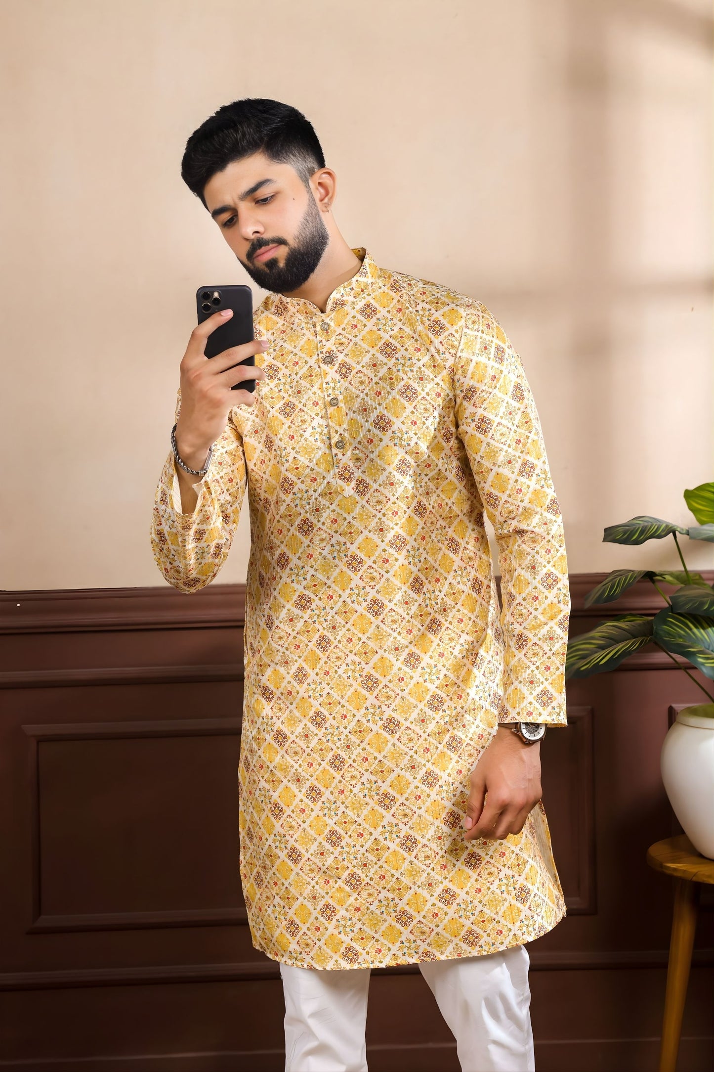 Elegant Mustard Yellow Digital Printed Art Silk Kurta Pyjama Set for Men