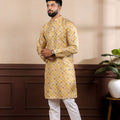 Elegant Mustard Yellow Digital Printed Art Silk Kurta Pyjama Set for Men