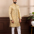 Elegant Mustard Yellow Digital Printed Art Silk Kurta Pyjama Set for Men