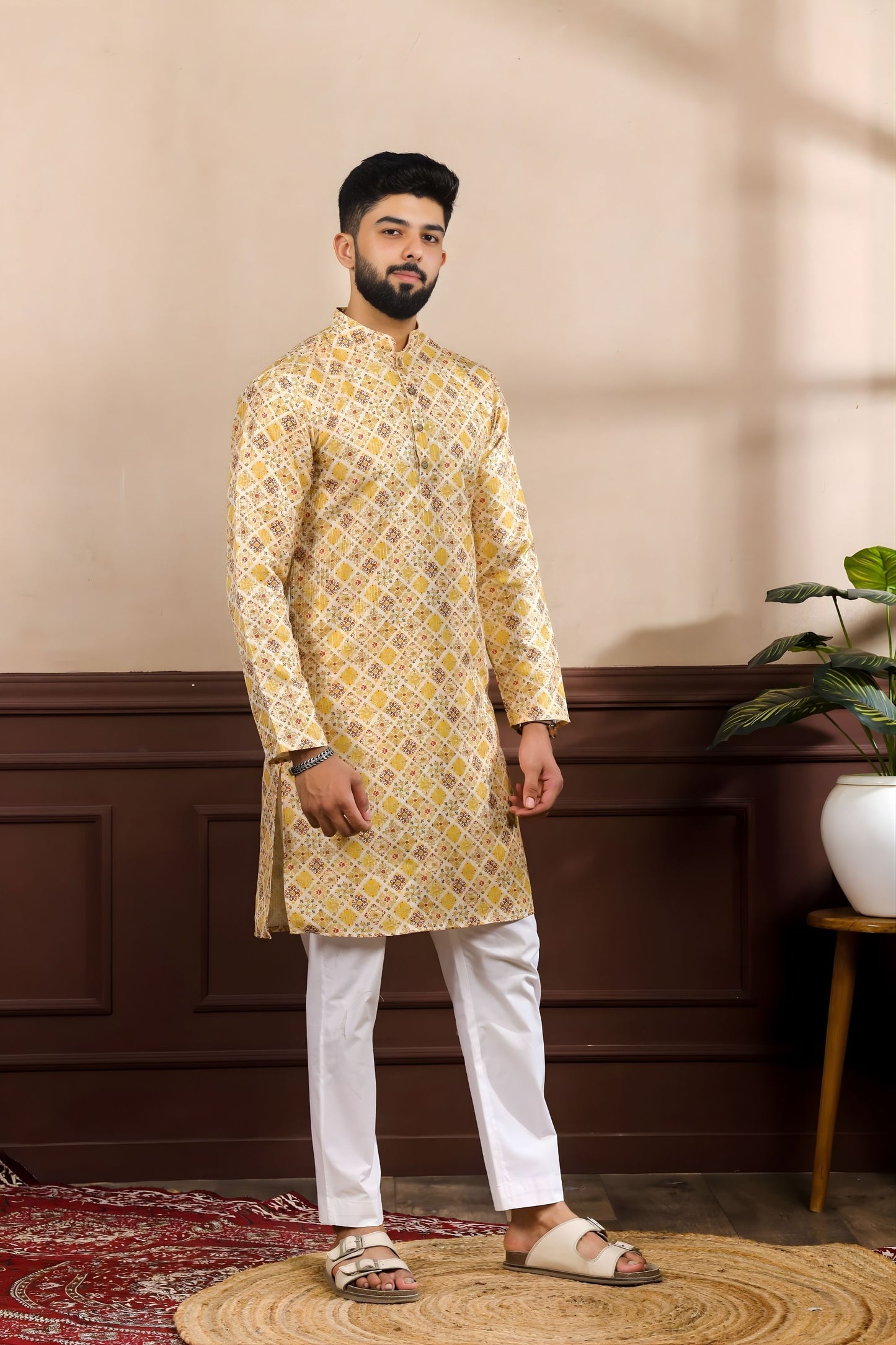 Elegant Mustard Yellow Digital Printed Art Silk Kurta Pyjama Set for Men