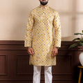 Elegant Mustard Yellow digital Printed Art Silk Kurta Pyjama Set for Men