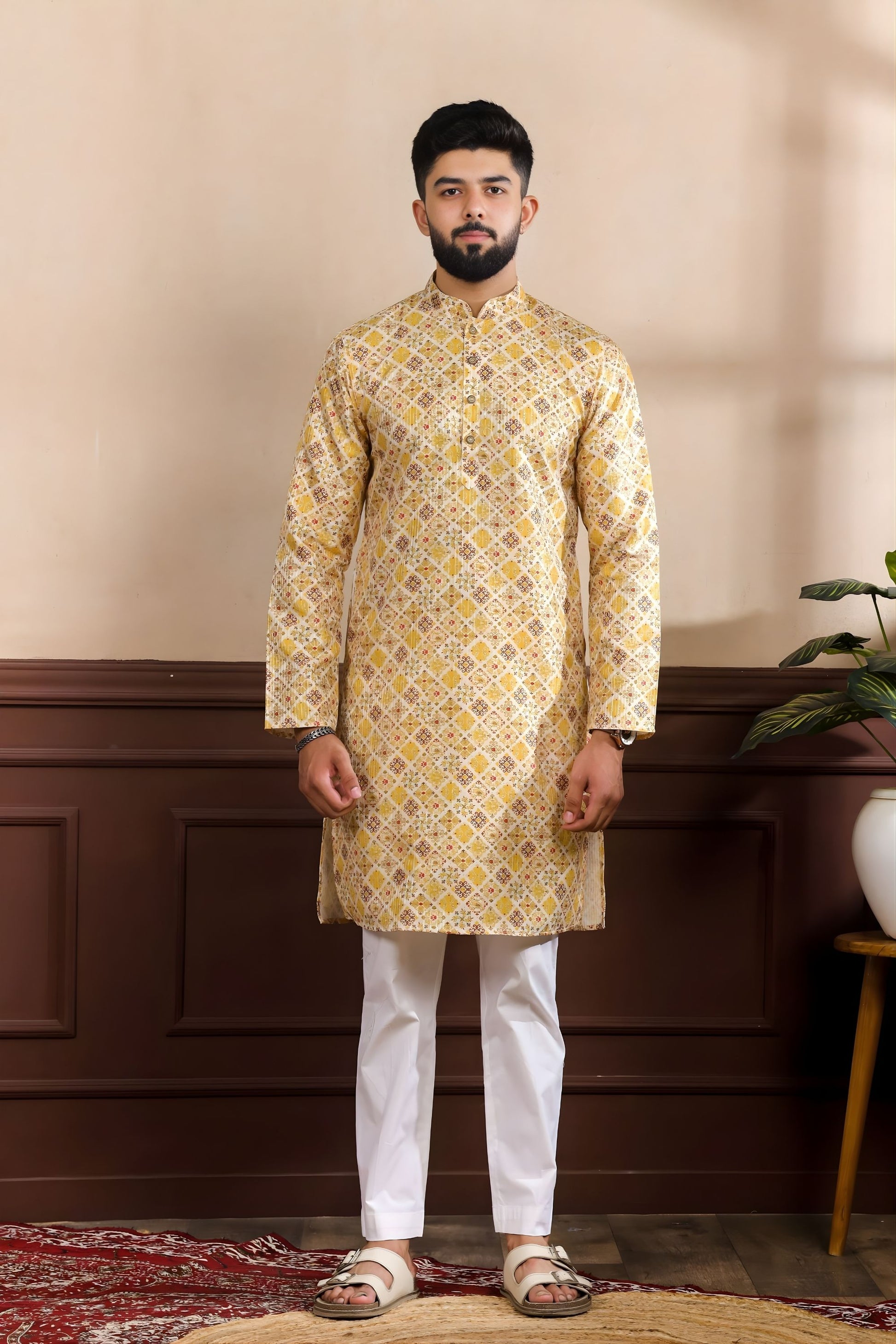 Elegant Mustard Yellow digital Printed Art Silk Kurta Pyjama Set for Men