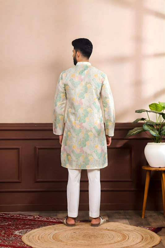 Gratefull Mint Green Floral Digital Printed Art Silk Kurta Pyjama Set for Men