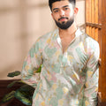 Gratefull Mint Green Floral Digital Printed Art Silk Kurta Pyjama Set for Men
