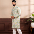 Gratefull Mint Green Floral Digital Printed Art Silk Kurta Pyjama Set for Men