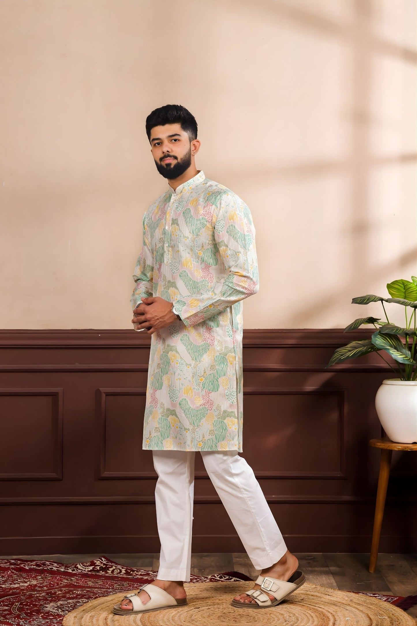 Gratefull Mint Green Floral Digital Printed Art Silk Kurta Pyjama Set for Men