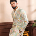 Gratefull Mint Green Floral Digital Printed Art Silk Kurta Pyjama Set for Men