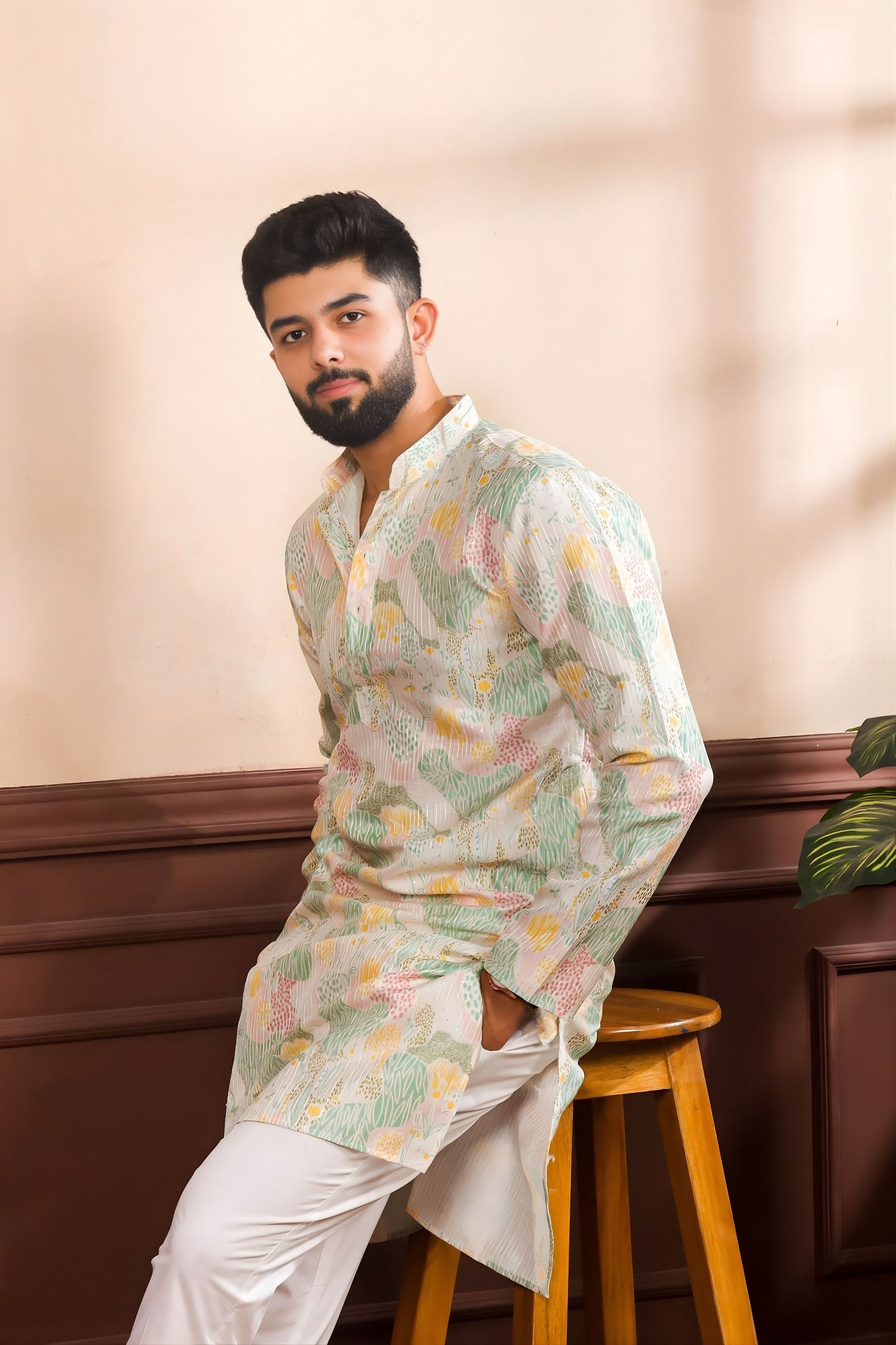 Gratefull Mint Green Floral Digital Printed Art Silk Kurta Pyjama Set for Men