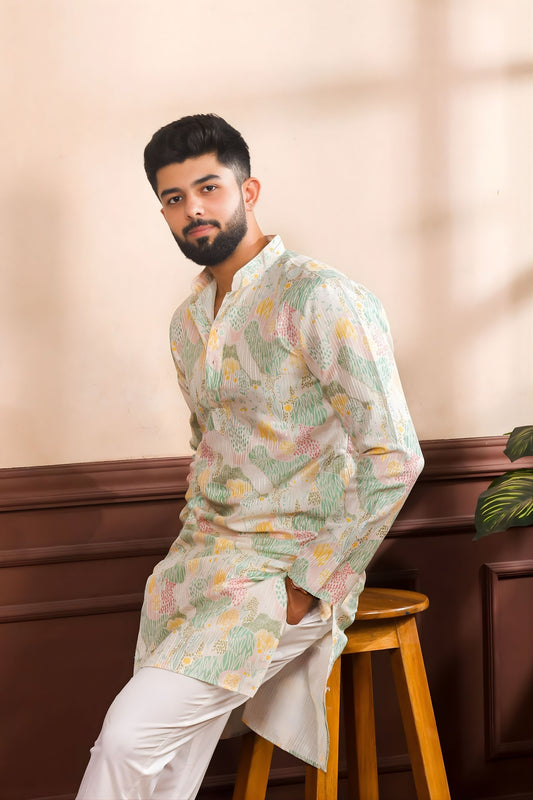 Gratefull Mint Green Floral Digital Printed Art Silk Kurta Pyjama Set for Men