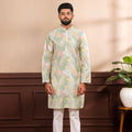Gratefull Mint Green Floral Digital Printed Art Silk Kurta Pyjama Set for Men