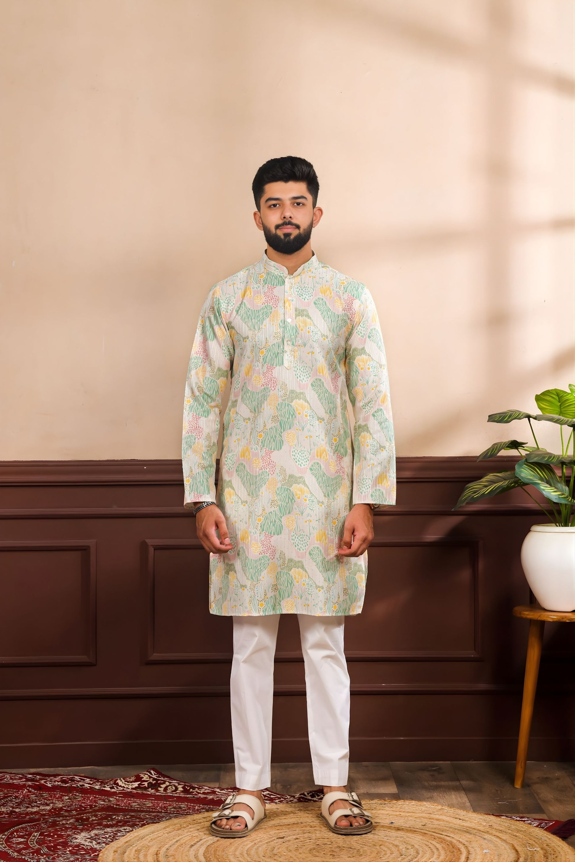 Gratefull Mint Green Floral Digital Printed Art Silk Kurta Pyjama Set for Men