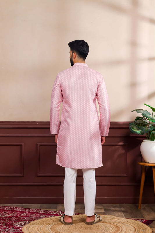 Premium Pink Digital Printed Art Silk Kurta Pyjama Set for Men