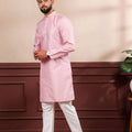Premium Pink Digital Printed Art Silk Kurta Pyjama Set for Men