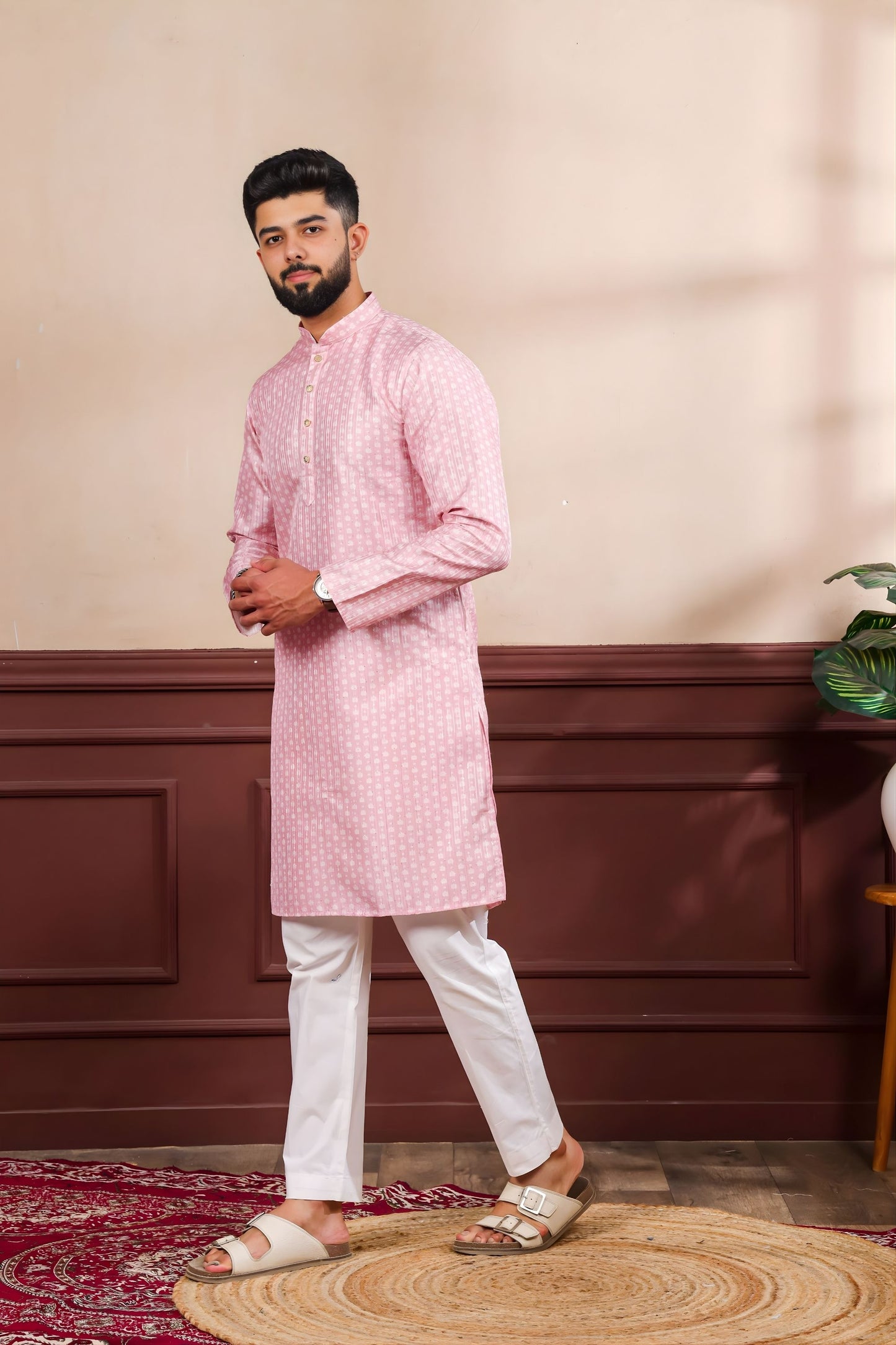 Premium Pink Digital Printed Art Silk Kurta Pyjama Set for Men