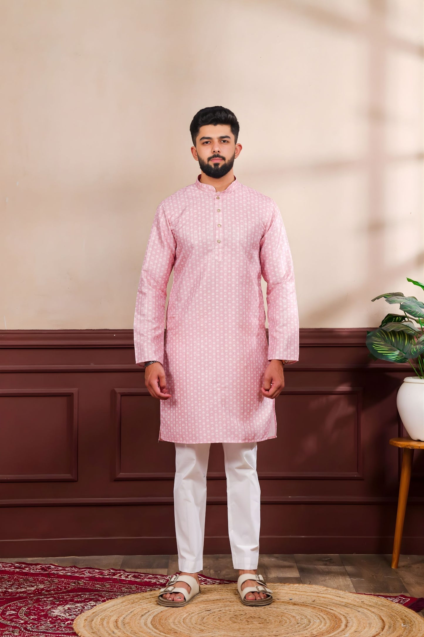 Premium Pink Digital Printed Art Silk Kurta Pyjama Set for Men