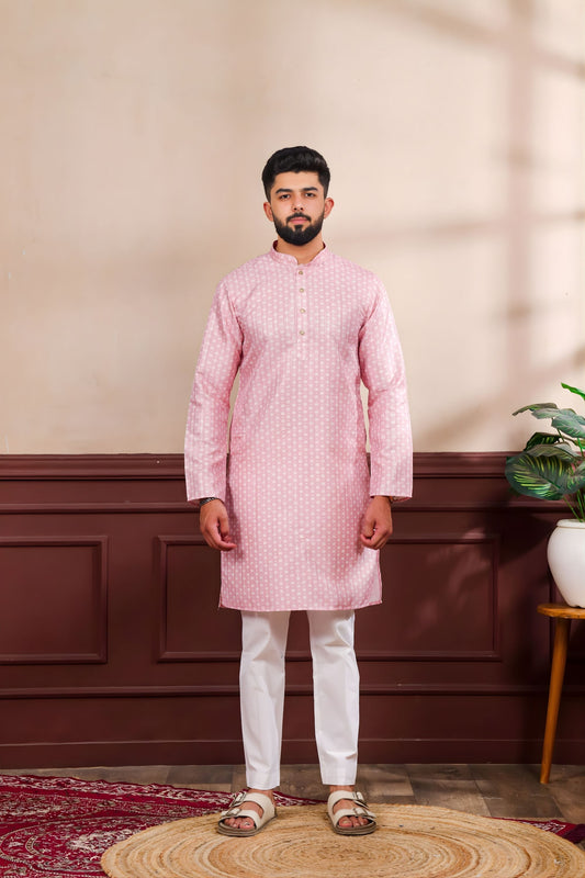 Premium Pink Digital Printed Art Silk Kurta Pyjama Set for Men