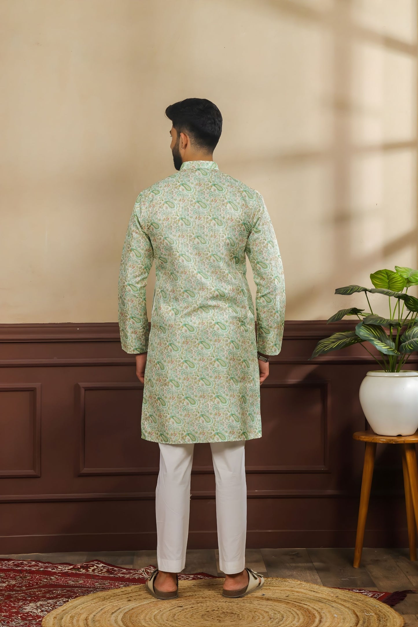 Outstanding Mint Green Digital Printed Art Silk Kurta Pyjama Set for Men