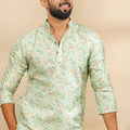 Outstanding Mint Green Digital Printed Art Silk Kurta Pyjama Set for Men