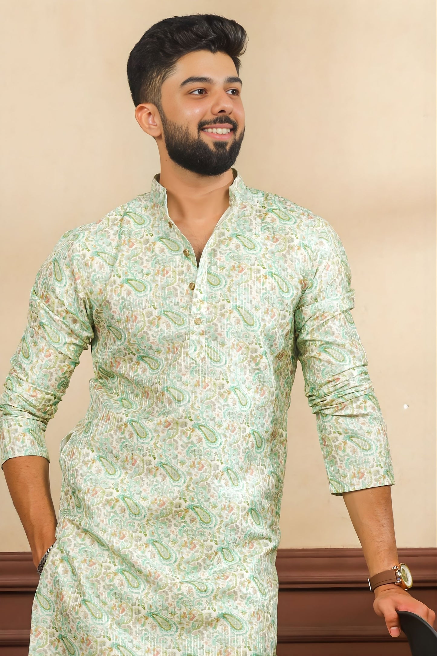 Outstanding Mint Green Digital Printed Art Silk Kurta Pyjama Set for Men