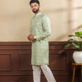 Outstanding Mint Green Digital Printed Art Silk Kurta Pyjama Set for Men