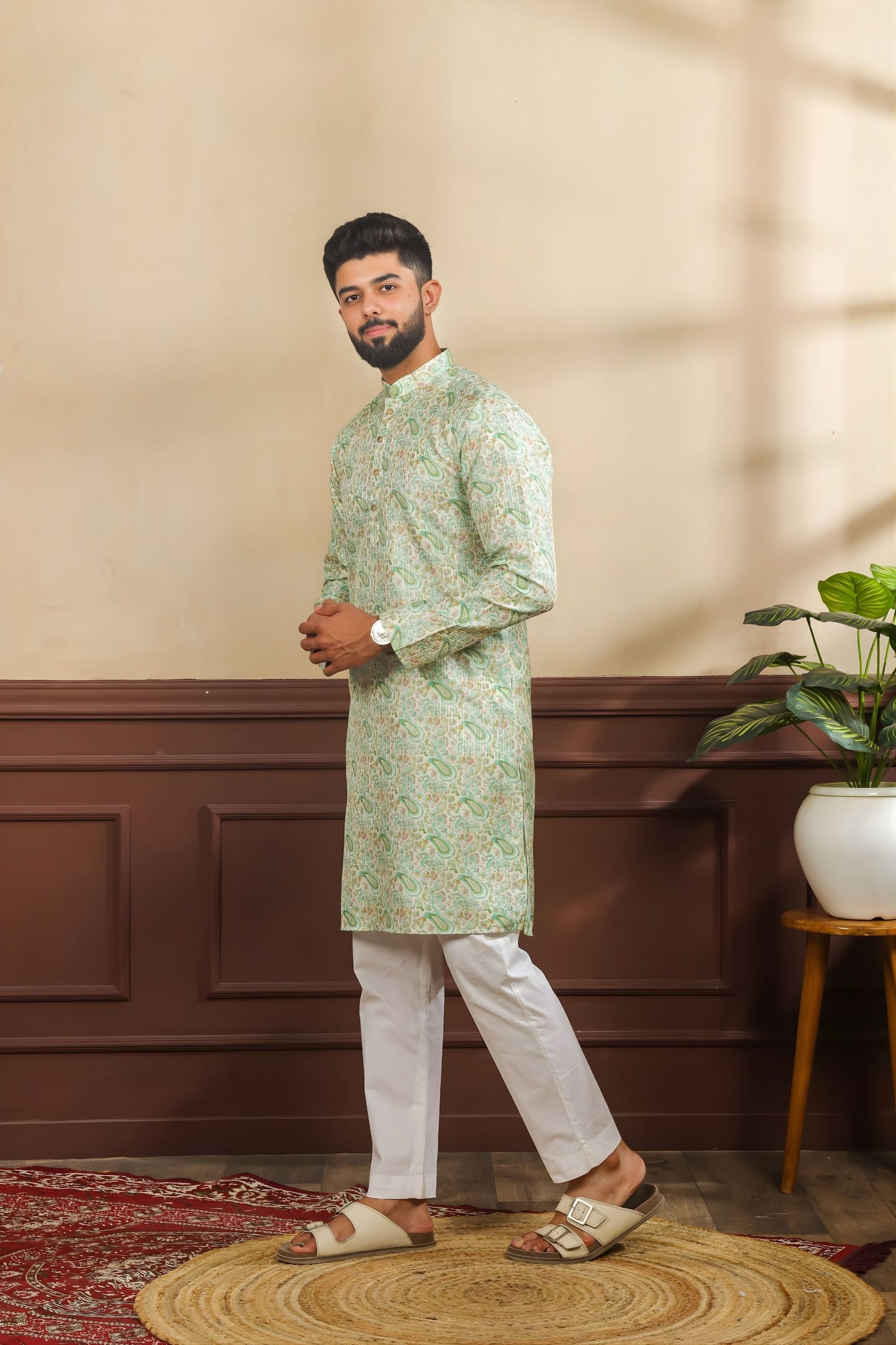 Outstanding Mint Green Digital Printed Art Silk Kurta Pyjama Set for Men
