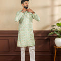 Outstanding Mint Green Digital Printed Art Silk Kurta Pyjama Set for Men