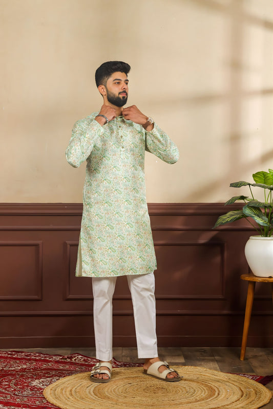 Outstanding Mint Green Digital Printed Art Silk Kurta Pyjama Set for Men
