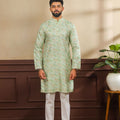 Outstanding Mint Green Digital Printed Art Silk Kurta Pyjama Set for Men