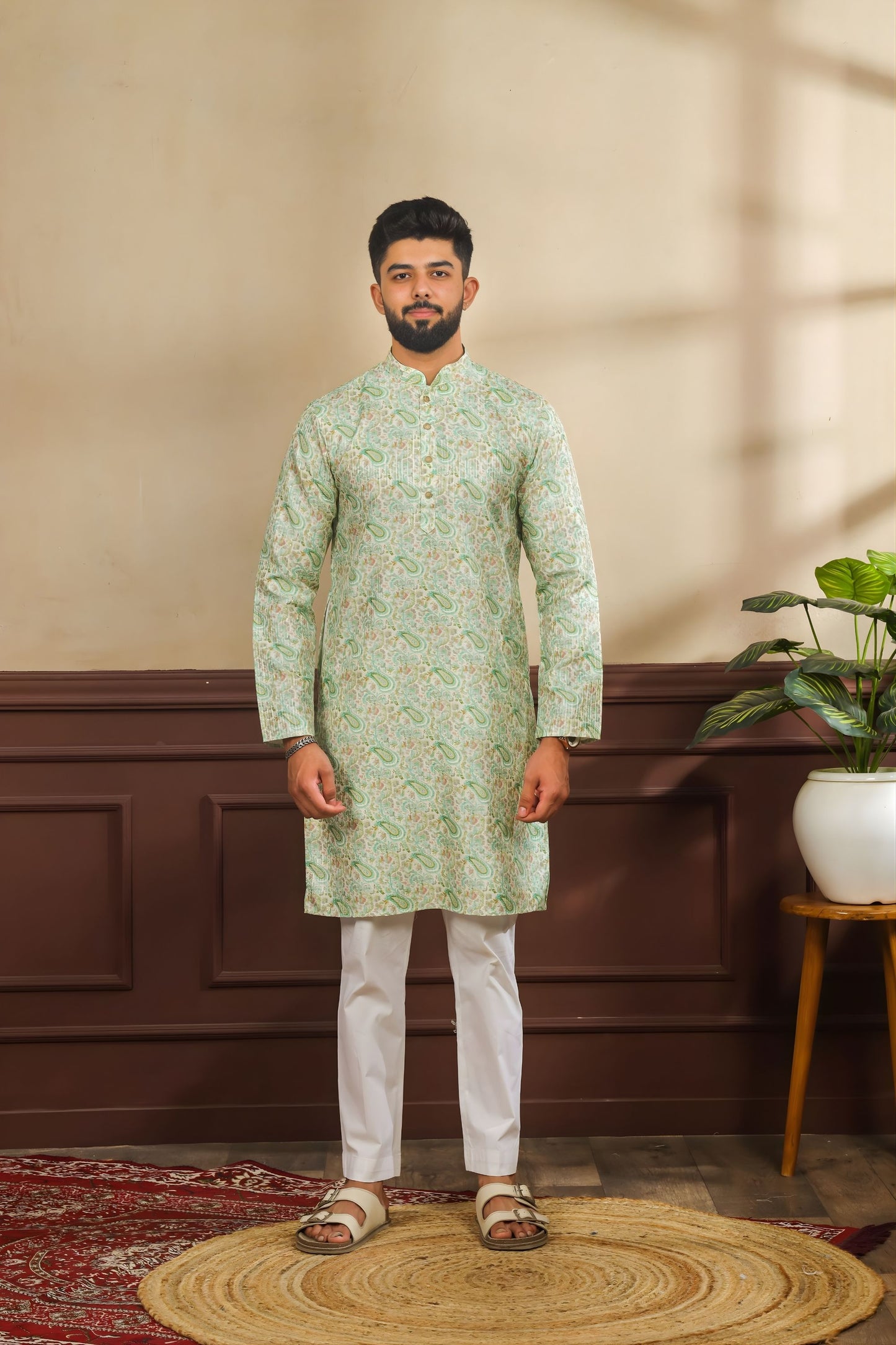 Outstanding Mint Green Digital Printed Art Silk Kurta Pyjama Set for Men