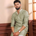 Premium Green Digital Printed Art Silk Kurta Pyjama Set for Men