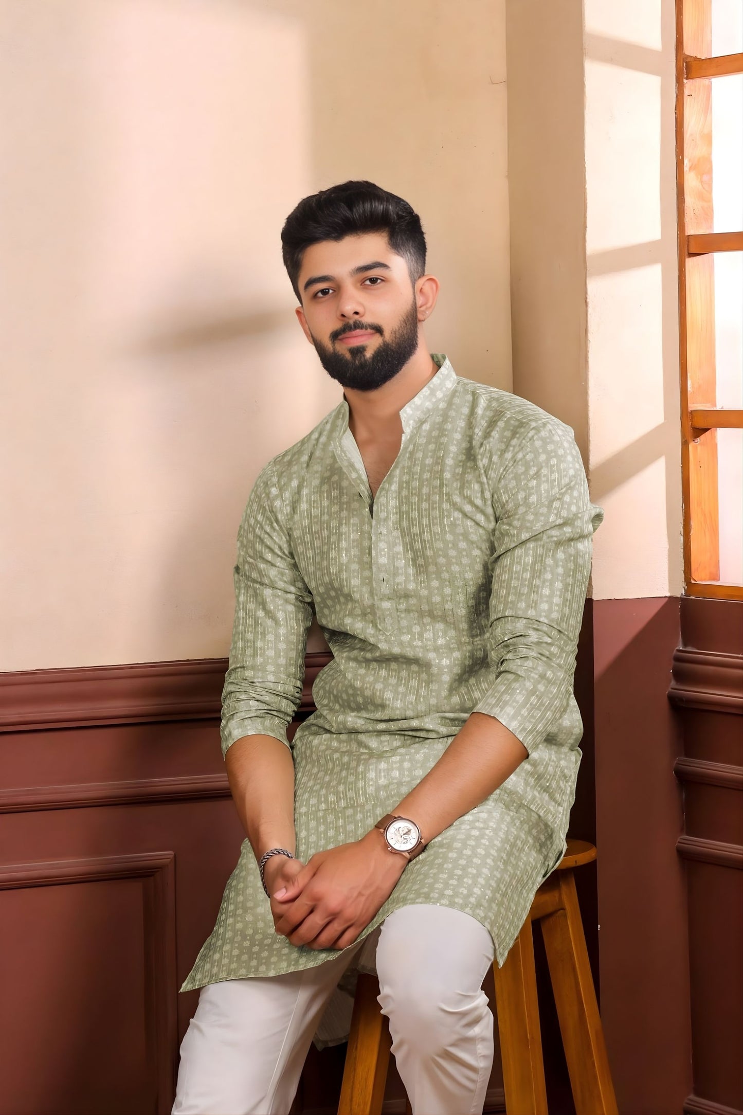 Premium Green Digital Printed Art Silk Kurta Pyjama Set for Men