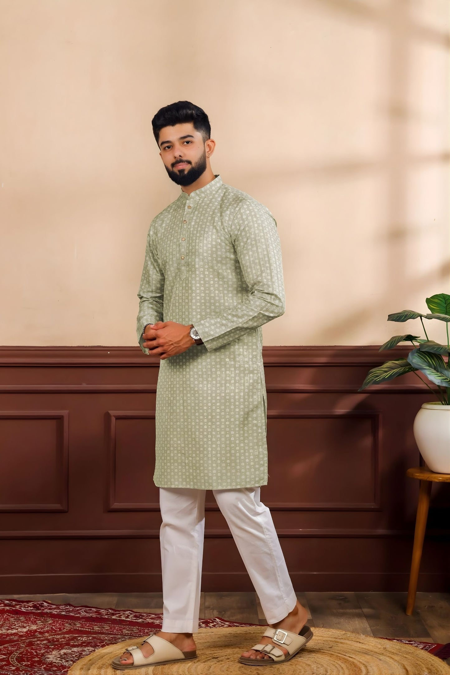Premium Green Digital Printed Art Silk Kurta Pyjama Set for Men