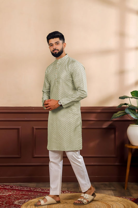 Premium Green Digital Printed Art Silk Kurta Pyjama Set for Men