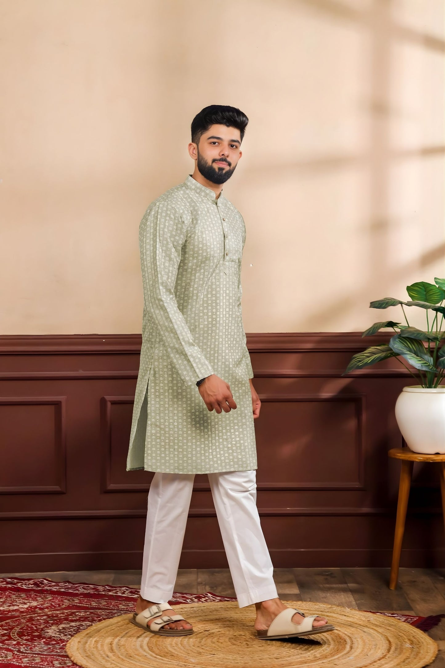 Premium Green Digital Printed Art Silk Kurta Pyjama Set for Men