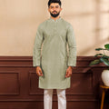 Premium Sage Green Digital Printed Art Silk Kurta Pyjama Set for Men