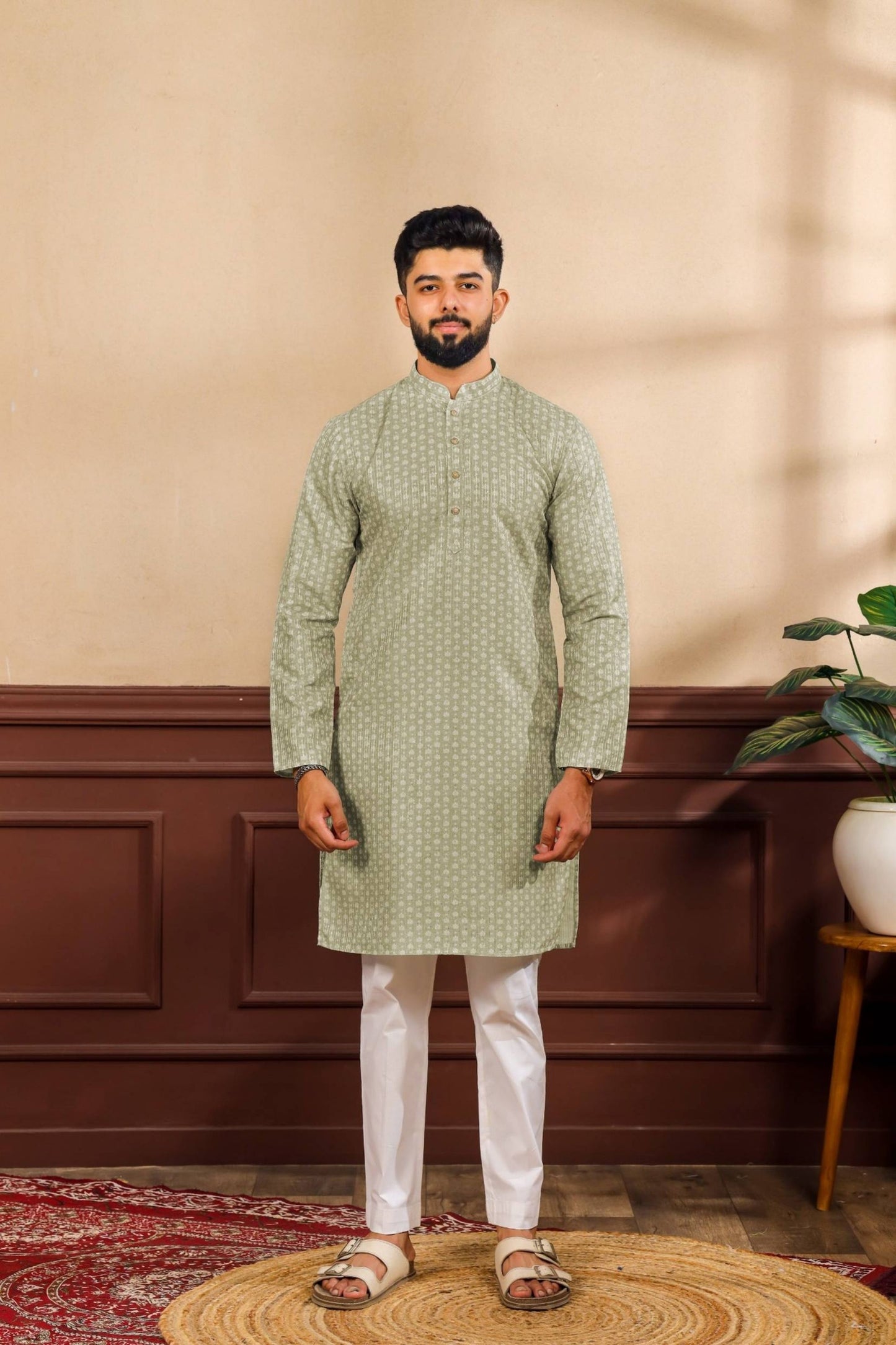 Premium Sage Green Digital Printed Art Silk Kurta Pyjama Set for Men