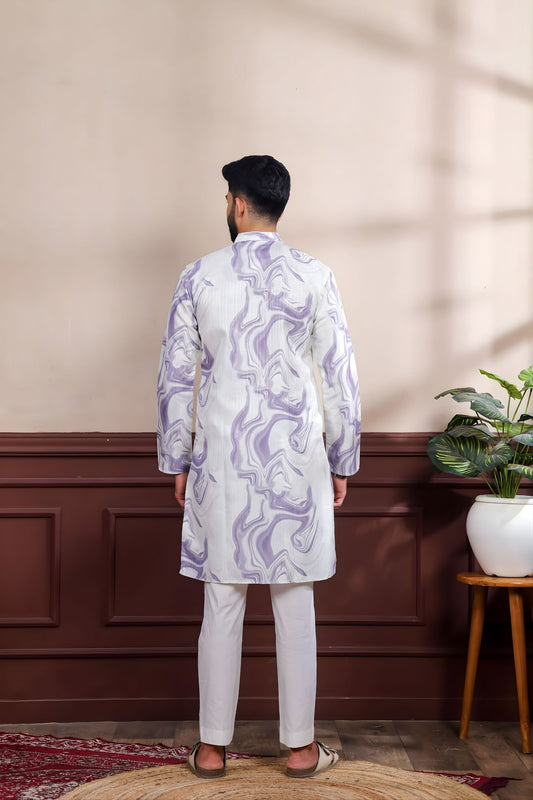 Premium Lavender Digital Printed Art Silk Kurta Pyjama Set for Men