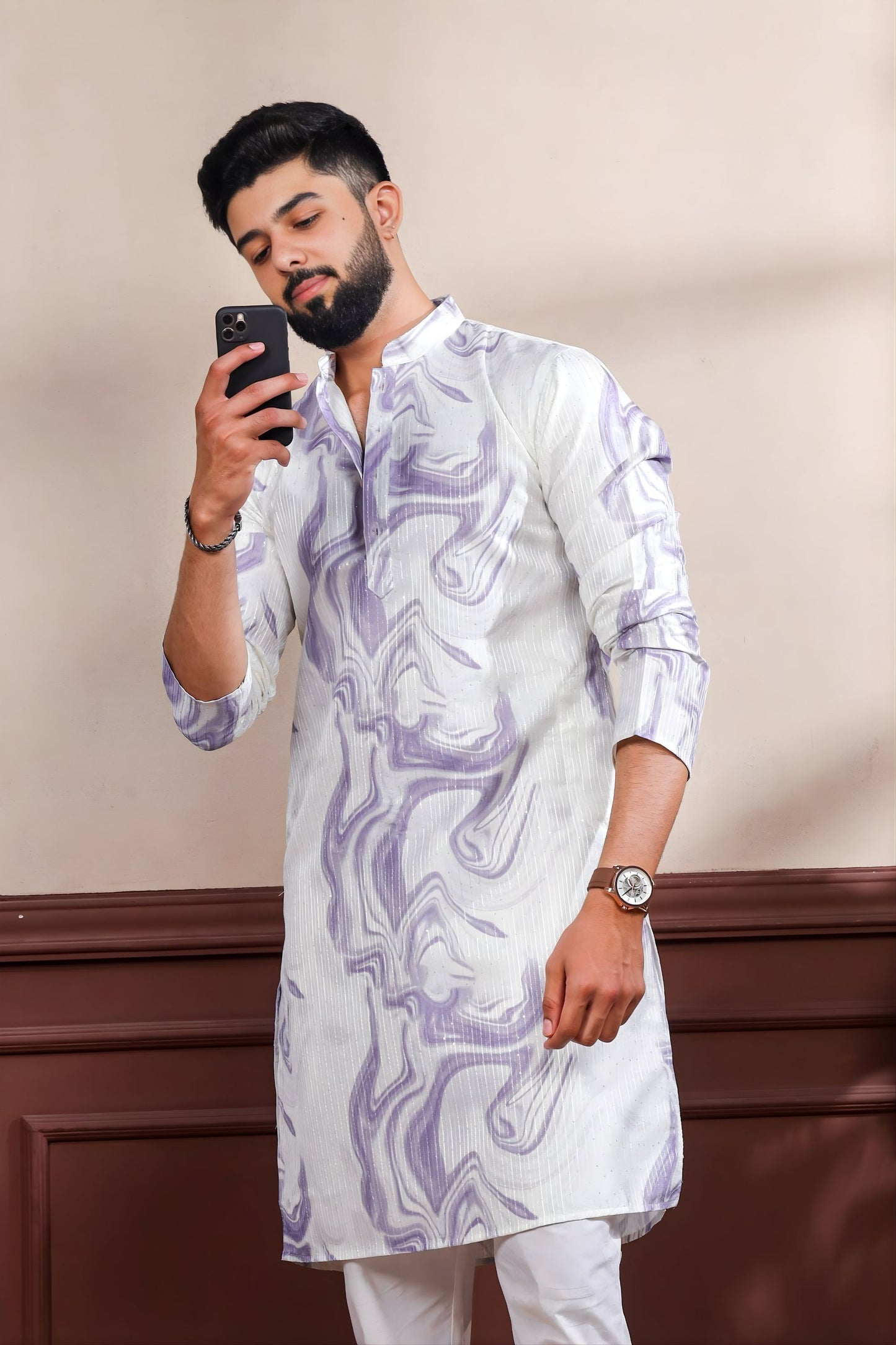 Premium Lavender Digital Printed Art Silk Kurta Pyjama Set for Men