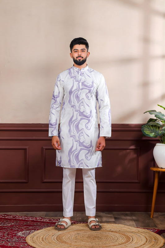 Premium Lavender Digital Printed Art Silk Kurta Pyjama Set for Men